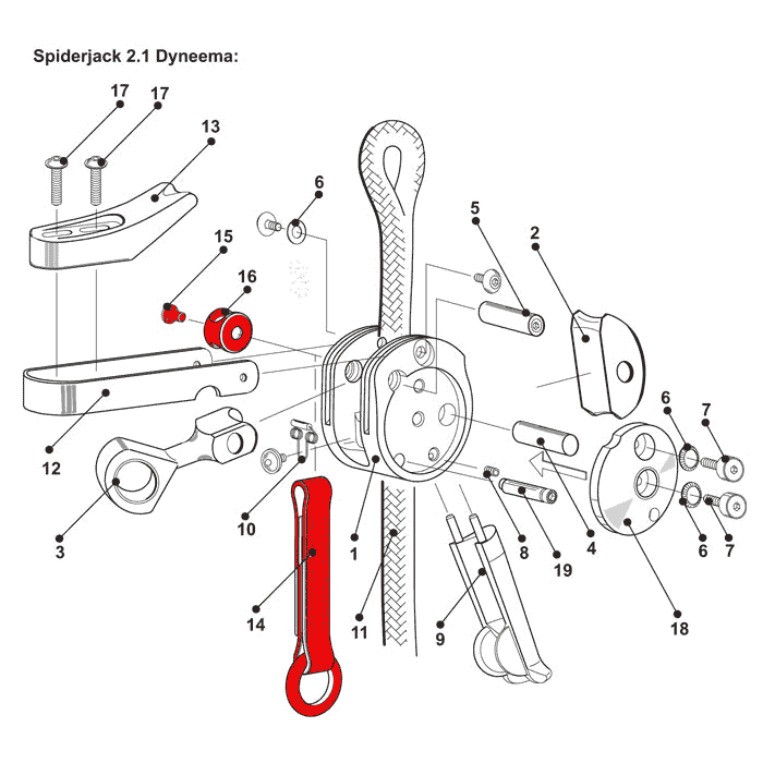 Dessin technique DyneemaKit avec pièces numérotées, pièces rouges surlignées
