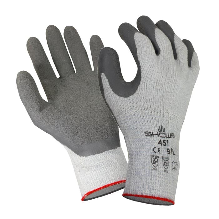 Gants Showa Thermo Grip, gris et blancs, avec revêtement noir sur les paumes et les doigts, taille 9/L, nom du fabricant et marque de test visibles sur le dos de la main