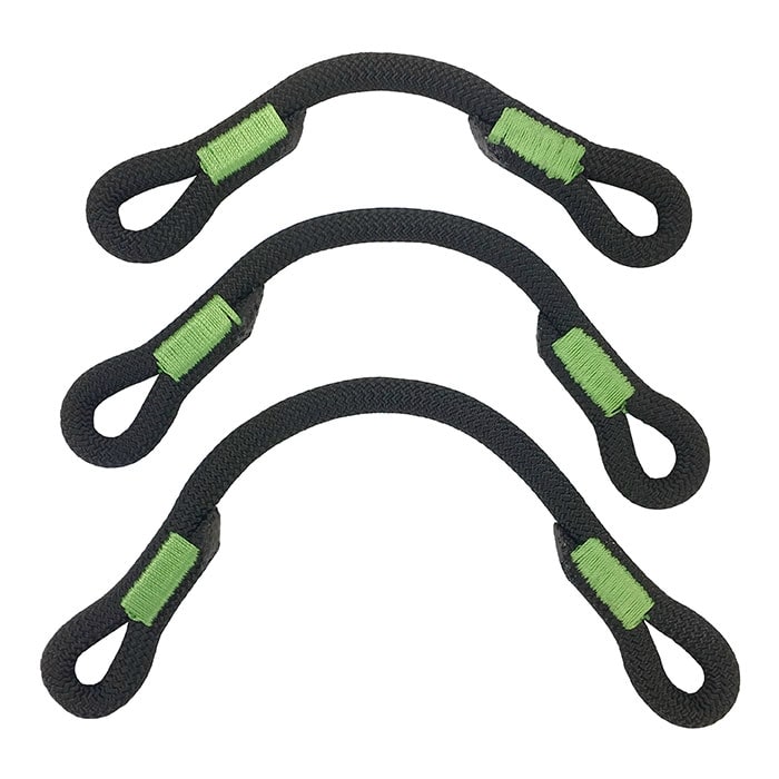 Barre de retenue Treewor, trois boucles noires avec coutures vertes les unes à côté des autres
