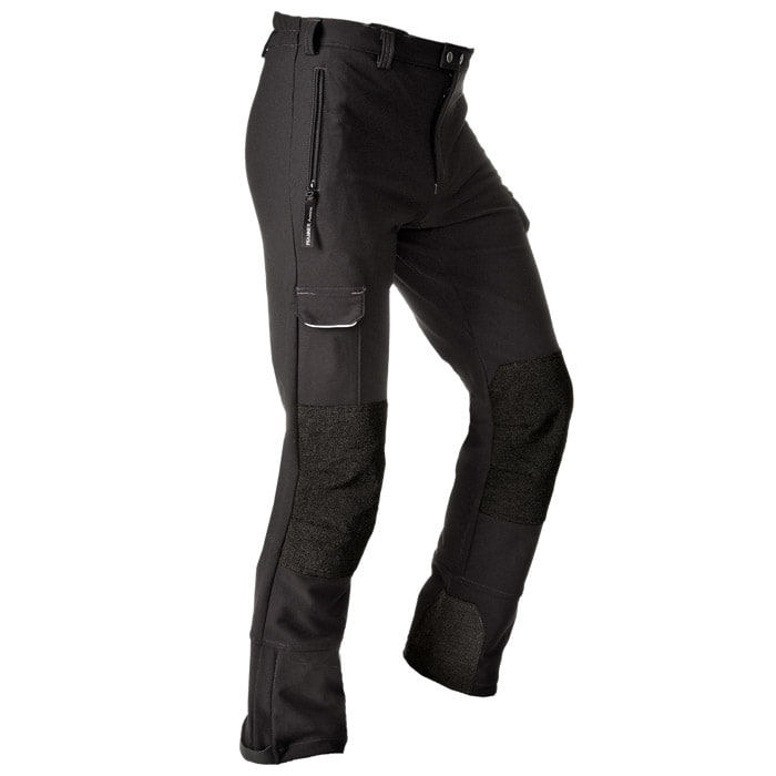 Pantalon d’extérieur thermique noir avec poignets renforcés aux genoux et aux jambes, poche zippée sur le côté droit et poche à rabat supplémentaire sur la cuisse