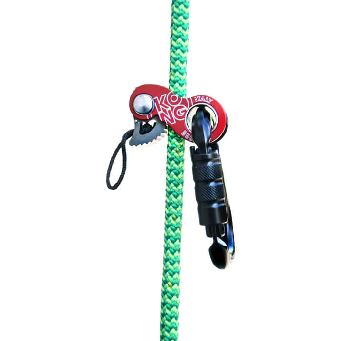 Canard, KONG, appareil d’assurage rouge sur corde verte avec mousqueton noir