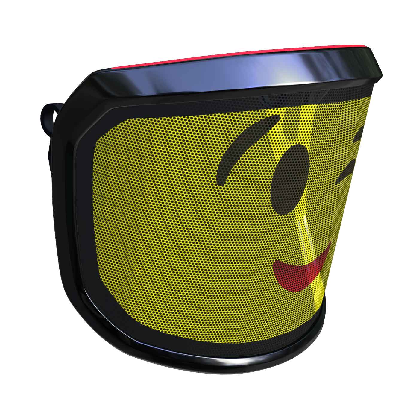 Visière PROTOS® Arbormoji avec grille jaune et visage emoji clignotant, cadre noir et bord supérieur rouge, vue latérale de la gauche