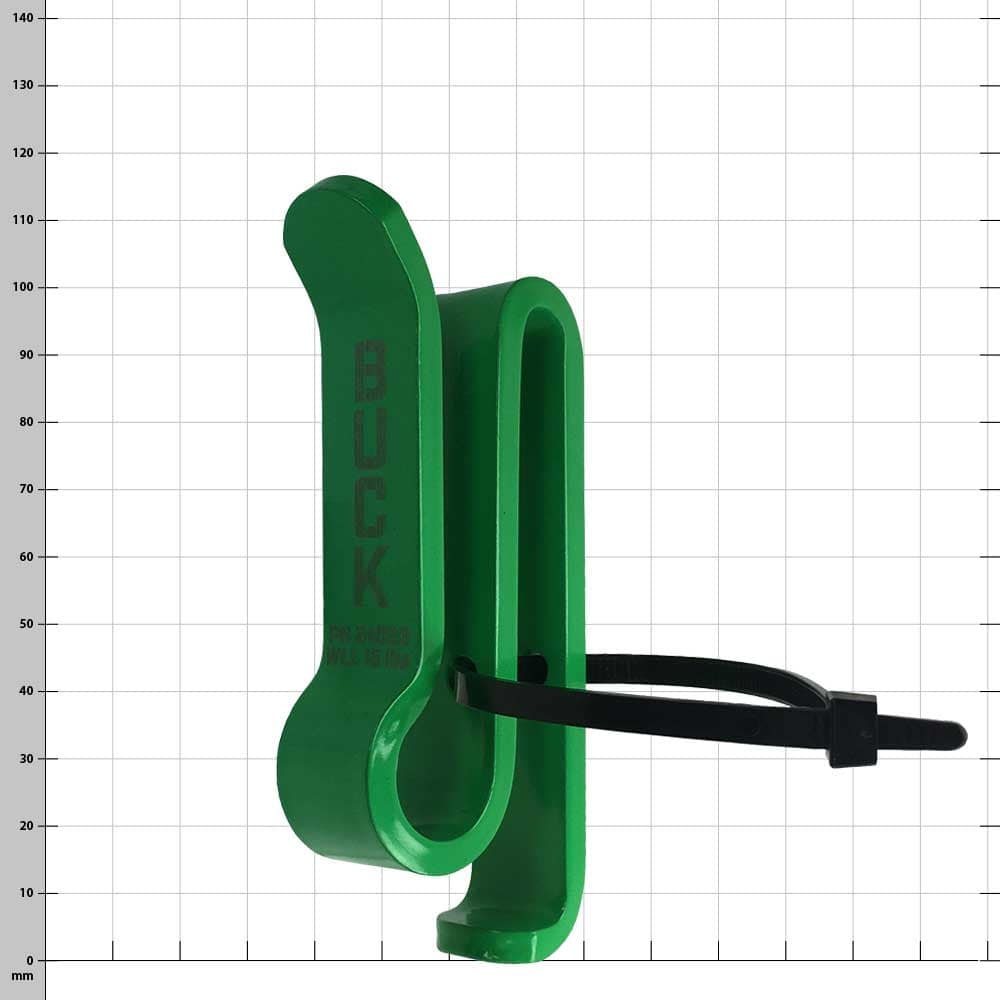 BuckCarrier en plastique vert avec serre-câble noir, vue latérale avec inscription « BUCK » visible