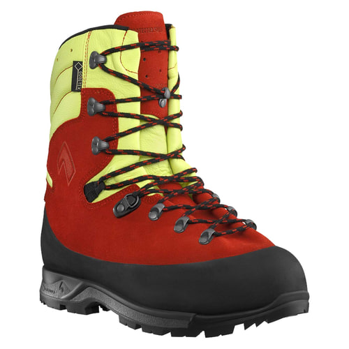 Chaussures de randonnée Protector Forest 2.1 GTX en rouge avec tige jaune, semelle noire et lacets noirs, fabricant non visible