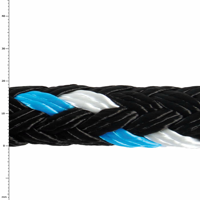 GEFA 4 T PA bleu, gros plan d’une corde tressée en noir, bleu et blanc