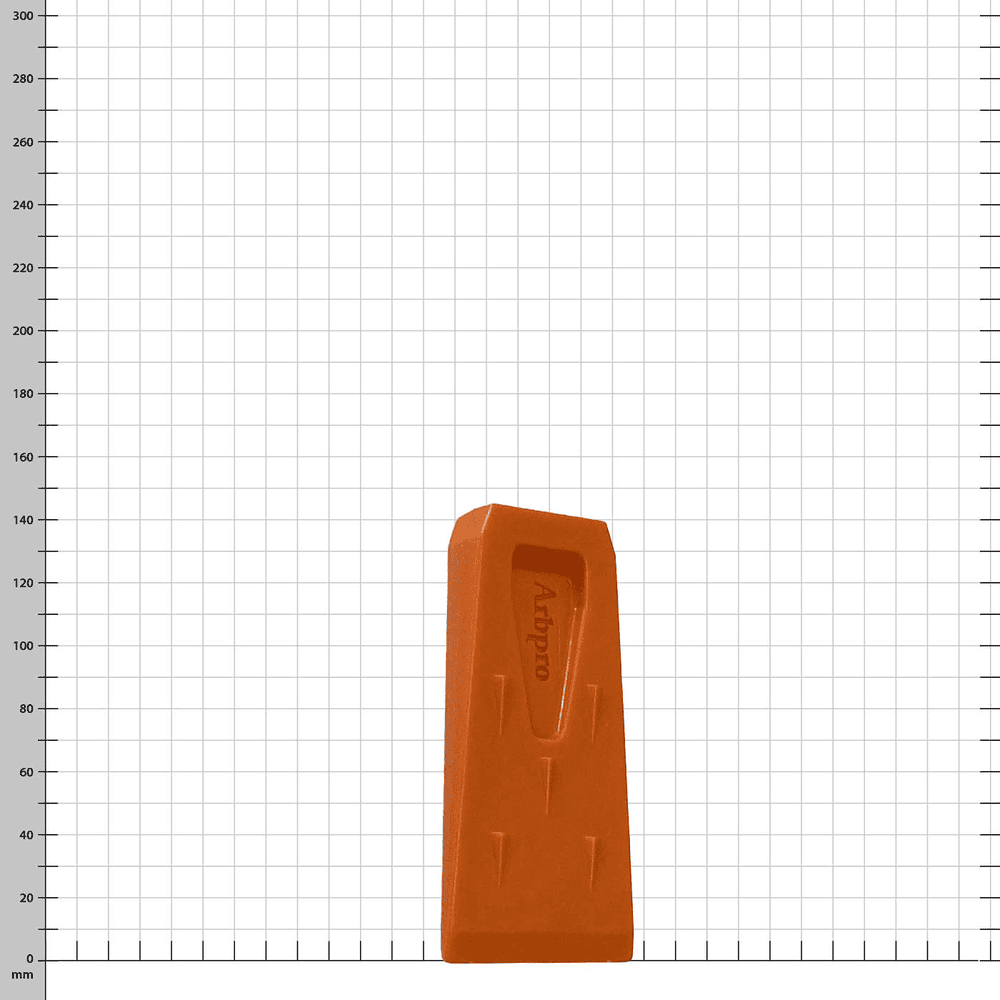 Cale d’abattage ArbPro 140 orange debout devant un fond blanc avec dimension de grille
