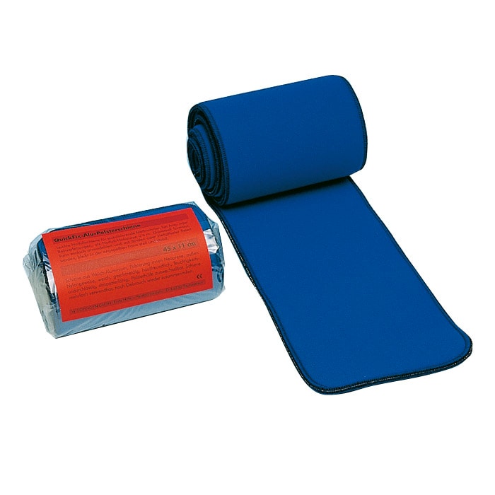 Rail de tapisserie d’ameublement en aluminium QuickFix petit, enroulé et disposé Rail de rembourrage bleu avec étiquette rouge sur fond blanc