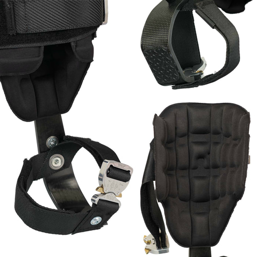 Distel Carbon 3.1 Click, gros plan sur le rembourrage intérieur et les sangles noires avec fermoirs métalliques de l’attelle de jambe en carbone