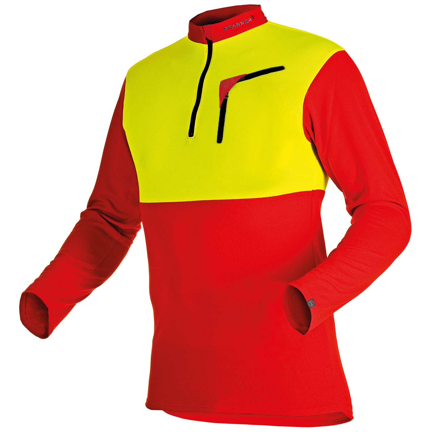 Chemise à col zippé de Pfanner en rouge et jaune avec manches longues et fermeture éclair courte sur le devant