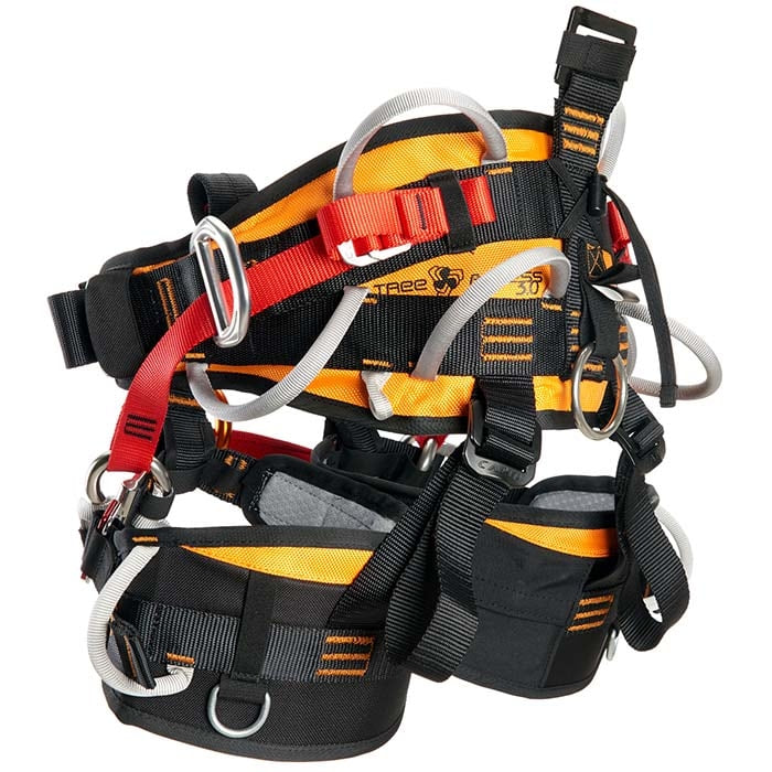 Harnais d’escalade Tree Access 3.1 en noir, orange et rouge avec boucles grises, plusieurs anneaux et boucles métalliques, logo du fabricant sur le côté