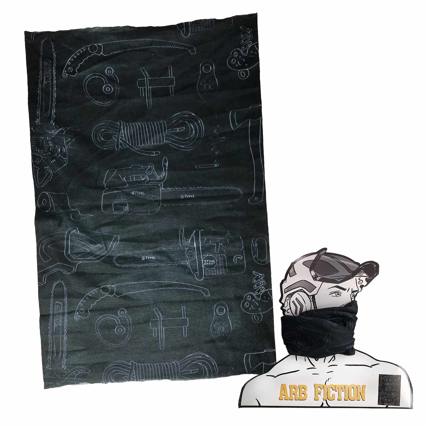 Foulard noir avec des contours blancs d’outils et d’une tronçonneuse, à côté d’une figurine en carton avec un foulard noir, nom du produit Ustensiles