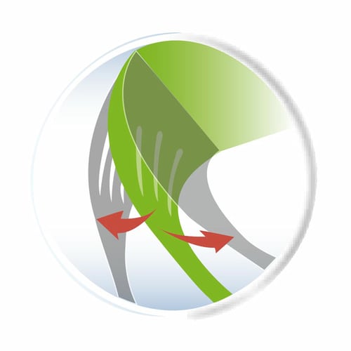 Graphique avec des formes vertes et grises et des flèches rouges montrant le mouvement ou la circulation de l’air