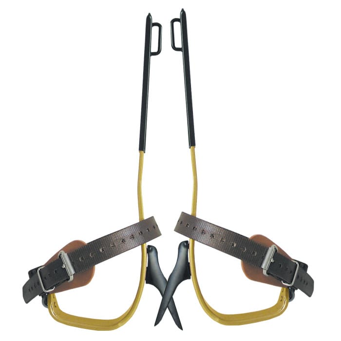 Crampons Buckingham Titan L avec cadre en métal jaune, poignées noires et lanières en cuir marron avec boucles