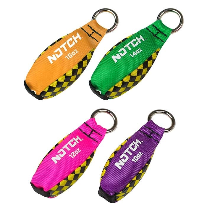 Poids du jeté de l’encoche, quatre valeurs de poids différentes en orange (16oz), vert (14oz), rose (12oz) et violet (10oz) avec anneau métallique