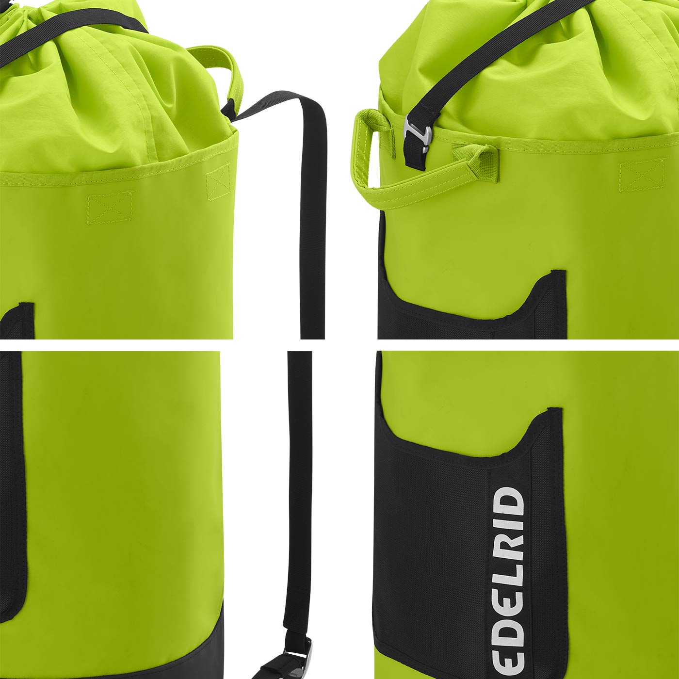 Cask 28 by Edelrid, gros plans des détails du sac en corde jaune et noir, y compris le cordon de serrage, la poignée de transport, la bandoulière et le sac noir avec le logo Edelrid blanc