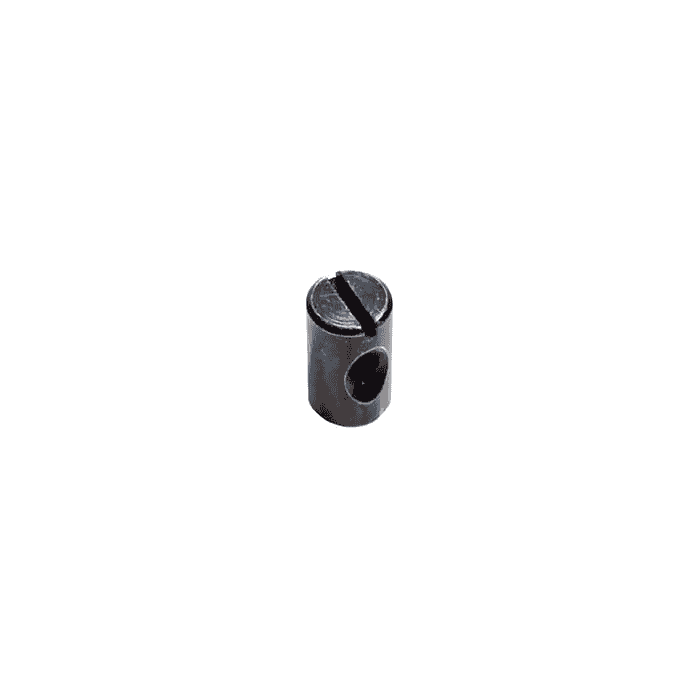 Connecteur en T Tri-Guard, petit connecteur métallique cylindrique avec vis fendue sur le dessus et trou sur le côté.