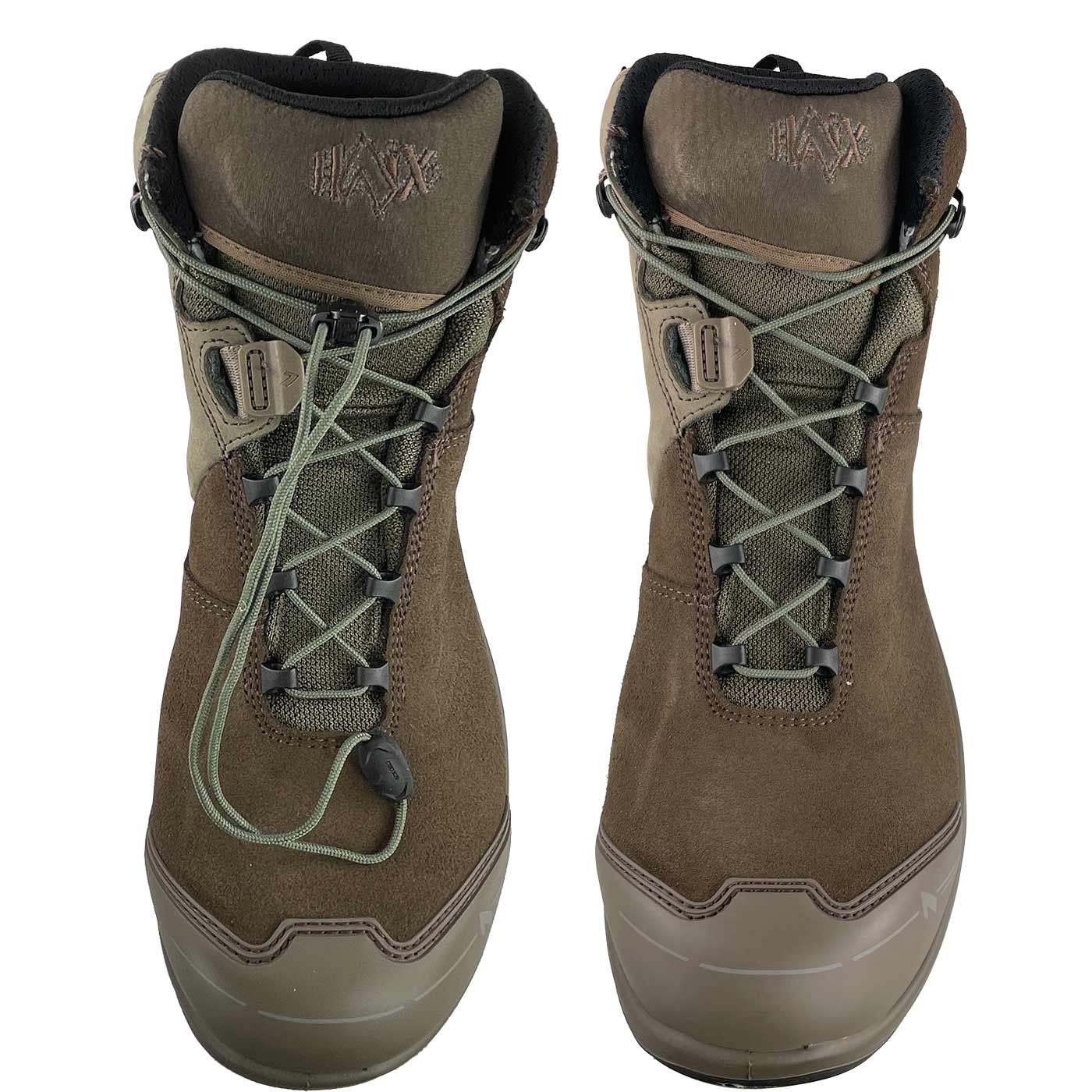 Chaussure de sécurité Connexis Safety+ GTX Mid marron avec système de laçage vert, vue de face d’en haut