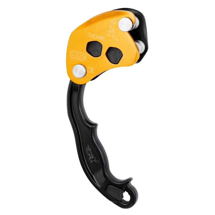 Chicane Petzl, appareil d’assurage jaune et noir avec poignée et trois boutons blancs