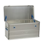 Alubox Comfort 92, boîte ouverte en aluminium argenté avec sangles de maintien et poignées bleues, fabricant ALUTEC