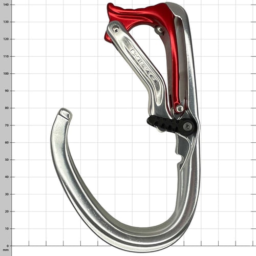Mousqueton Mega Vault en argent et rouge avec fermoir ouvert, nom du produit et fabricant visibles sur le mousqueton