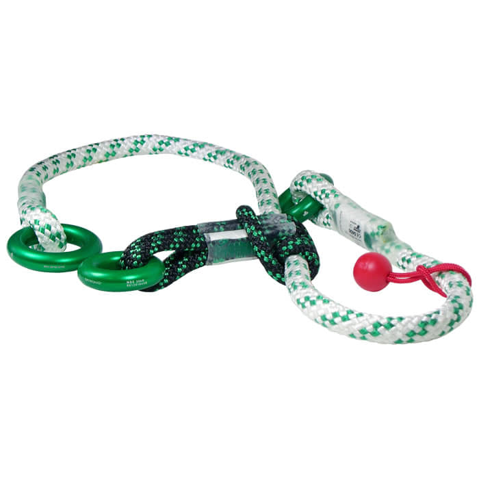 corde multiSAVER blanc-vert avec anneaux en métal vert, nœuds et poignée en plastique rouge, sur fond blanc