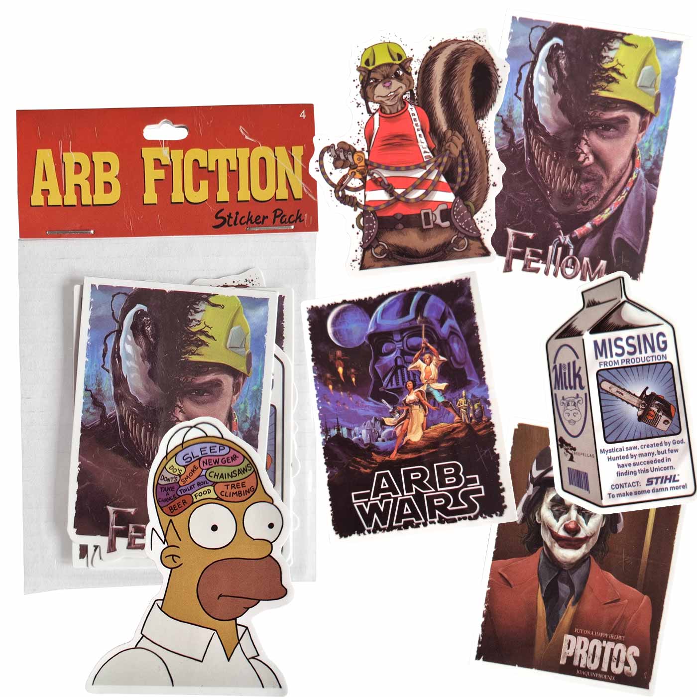 ARB Fiction Pack Vol. 4 Pack d’autocollants avec plusieurs autocollants colorés, dont un écureuil avec un casque, un demi-Venom avec un casque de construction, une tête d’Homer Simpson avec des bulles de pensée, un poster ARB WARS, un carton de lait avec 
