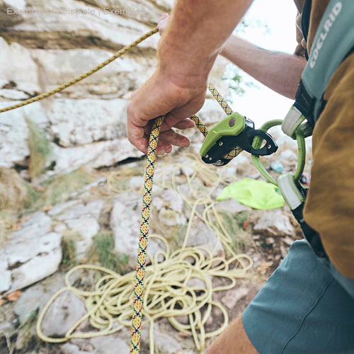Personne avec cadre d’escalade Pincée d’Edelrid en noir et vert sur harnais d’escalade, tenant une corde jaune à la main