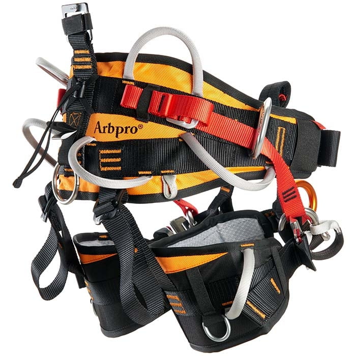 Harnais d’escalade Tree Access 3.1 en noir, orange et rouge avec boucles grises, plusieurs anneaux et boucles métalliques, nom du fabricant Arbpro visible