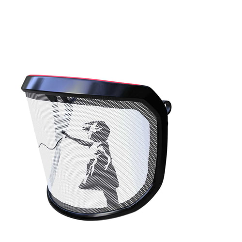 Vue latérale de la visière PROTOS® en édition spéciale avec cadre noir et motif d’une fille attrapant un ballon rouge