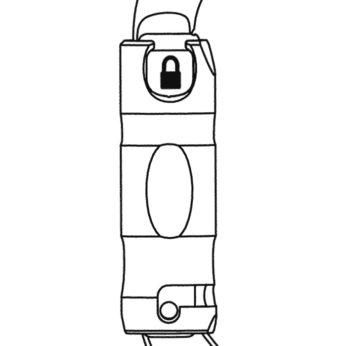 Dessin en noir et blanc d’un mousqueton avec symbole de serrure en haut et fermoir mécanique en bas, sans autre inscription