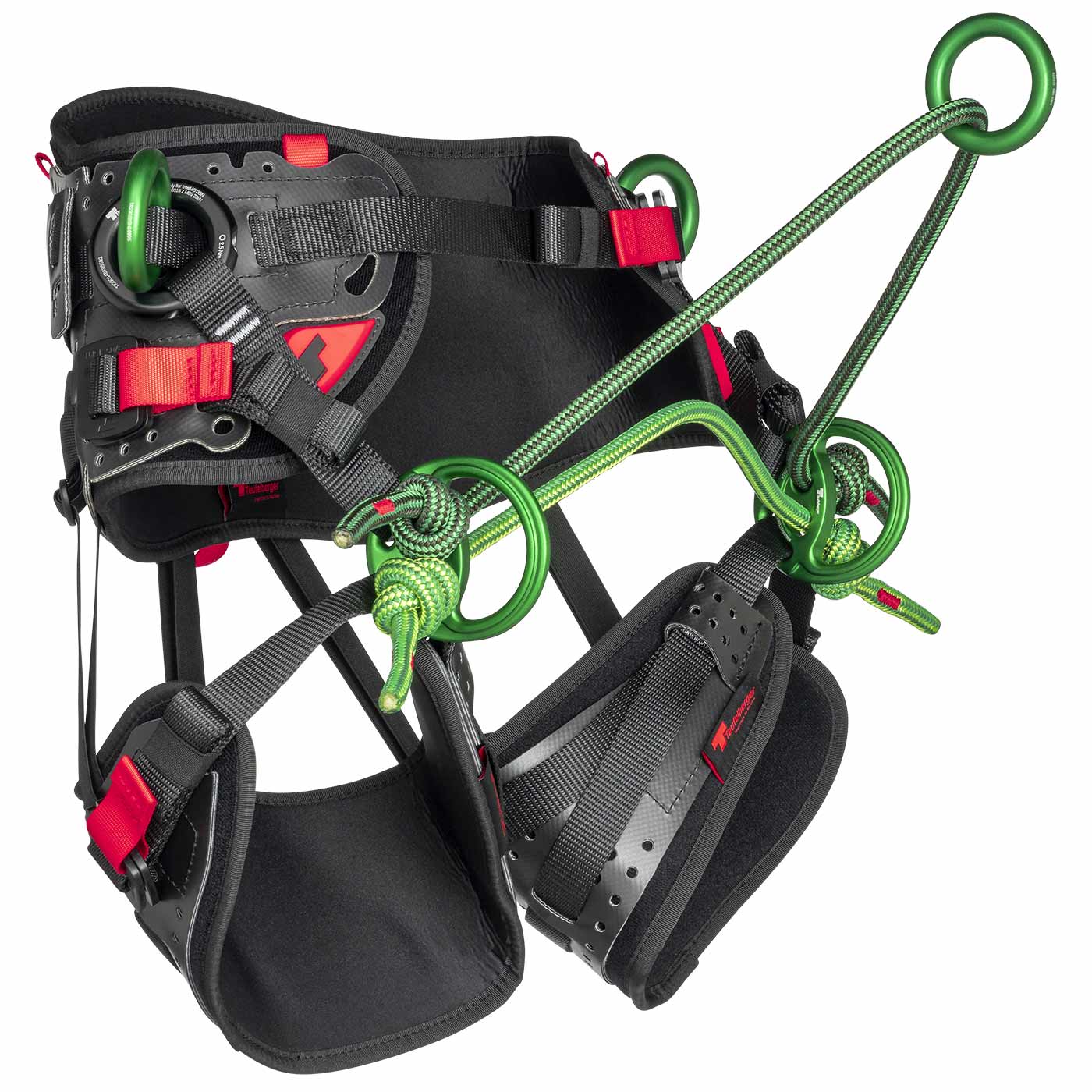 Vue latérale de l’arbreMOTION Essential X Harnais d’accrobranche de Teufelberger en noir avec anneaux métalliques verts et cordes vertes