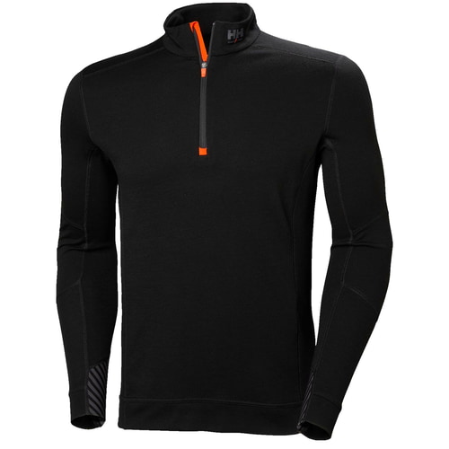 LIFA Merino Half Zip de Helly Hansen, haut à manches longues noir avec fermeture éclair courte et accents orange sur le devant