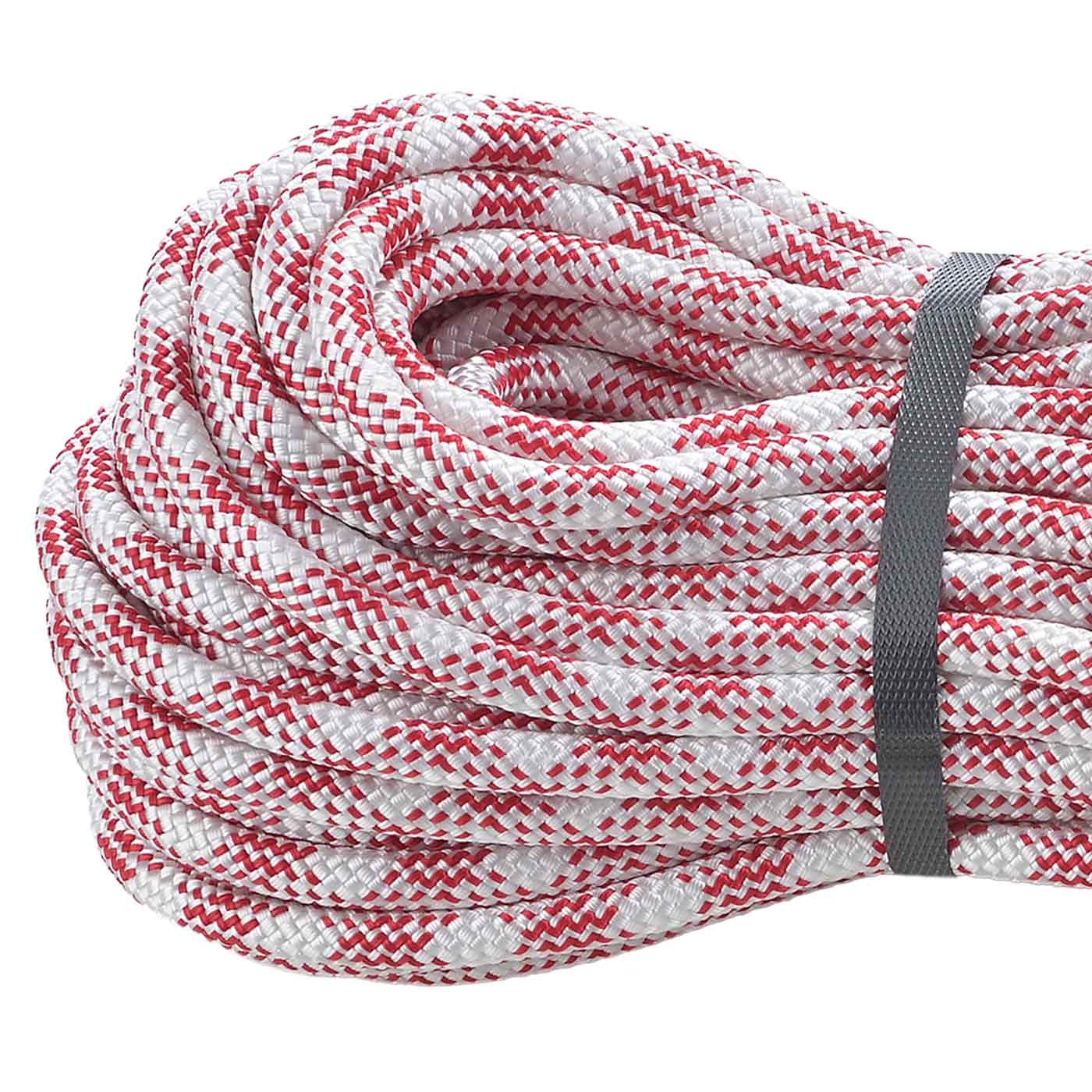 Corde Patron Plus blanche à rayures rouges, enroulée et fixée avec un ruban gris