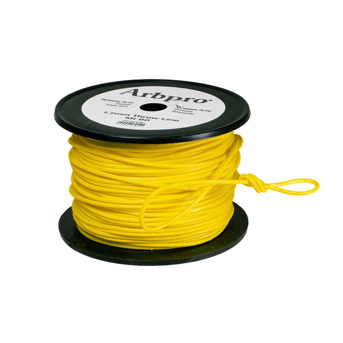 Dyna 75PU d’Arbpro, ligne jaune sur bobine noire avec étiquette blanche sur le dessus