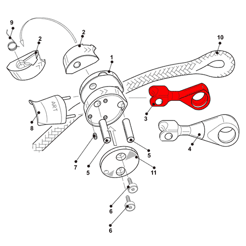 Dessin technique avec pièces numérotées, dont un composant rouge qui pourrait représenter le support de mousqueton Positioner/SpiderJack 2.1