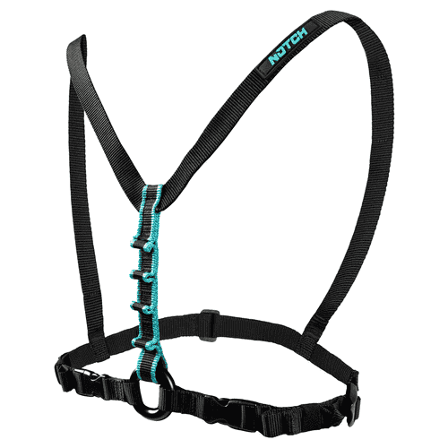 Sangle de poitrine Chester SRS noire avec surpiqûres turquoise et anneau noir au milieu, photographiée de côté