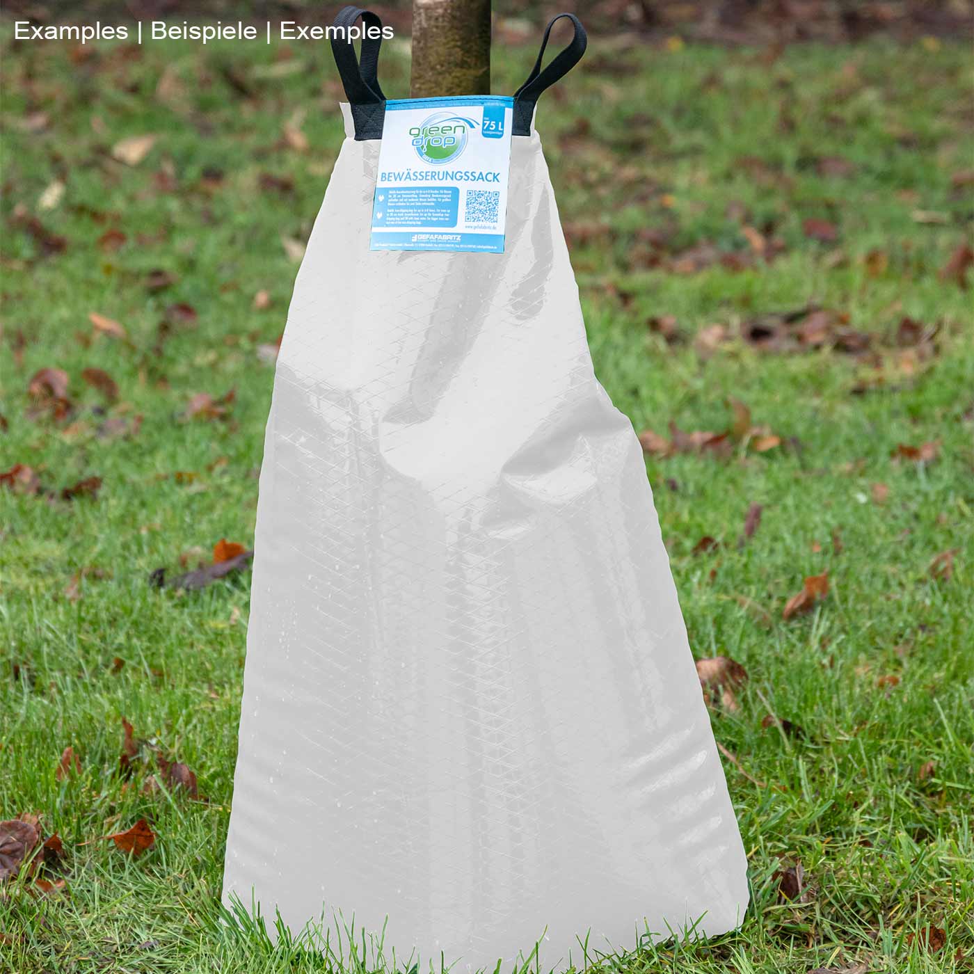 L’arrosoir blanc Greendrop en blanc se tient sur de l’herbe verte, avec deux boucles de transport noires et une étiquette bleue en haut au centre, entourée de feuilles d’automne sur le sol