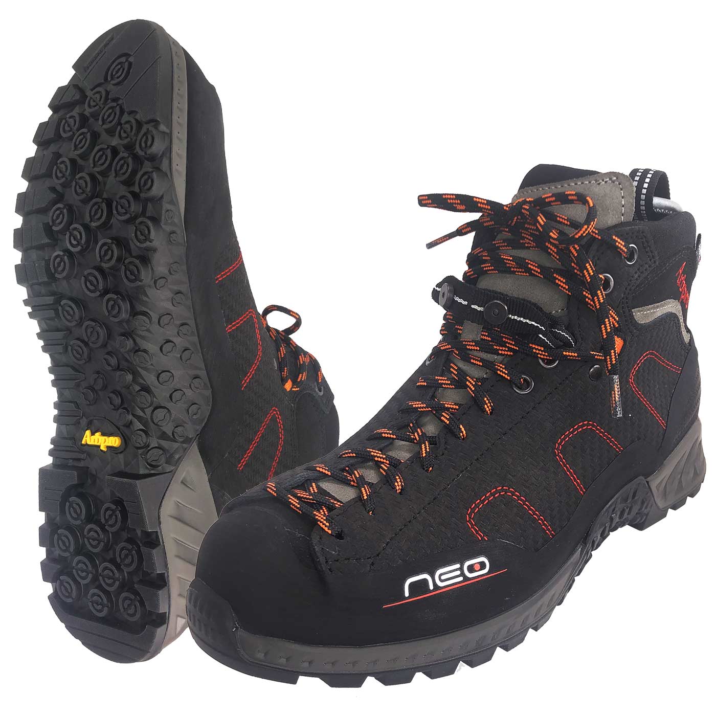 Chaussures Neo noires avec lacets orange et noirs, coutures rouges et semelle crantée avec logo Arbpro jaune