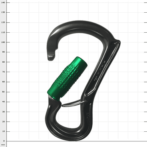 Mousqueton Ceros Locksafe avec capuchon à vis vert et corps en métal noir, ouvert