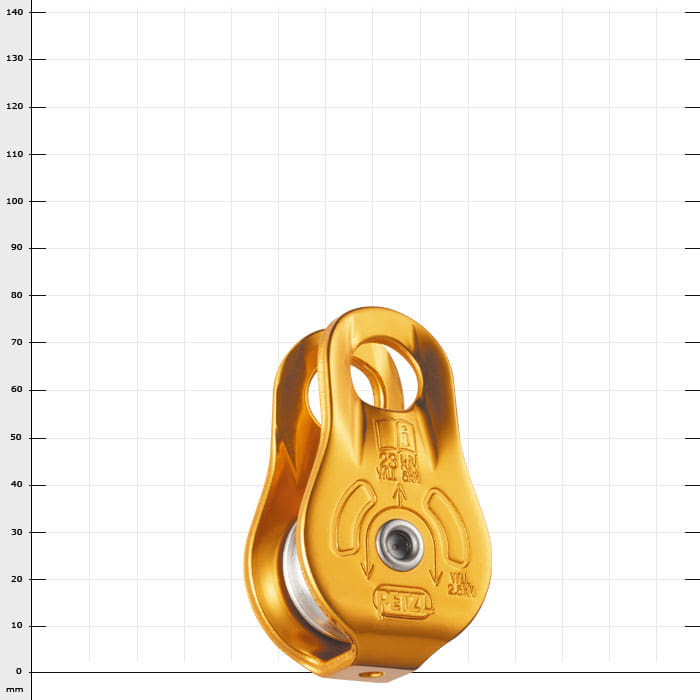 Fixe de Petzl, poulie dorée avec rouleau en métal et lettrage sur le devant
