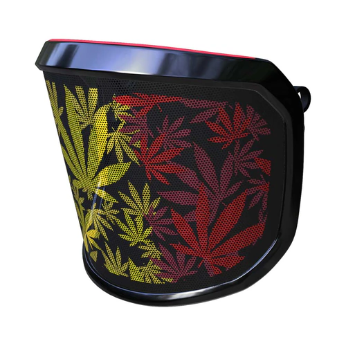 Visière PROTOS® Special Edition avec cadre noir, autre vue latérale avec motif de feuilles jaunes, rouges et vertes sur fond noir