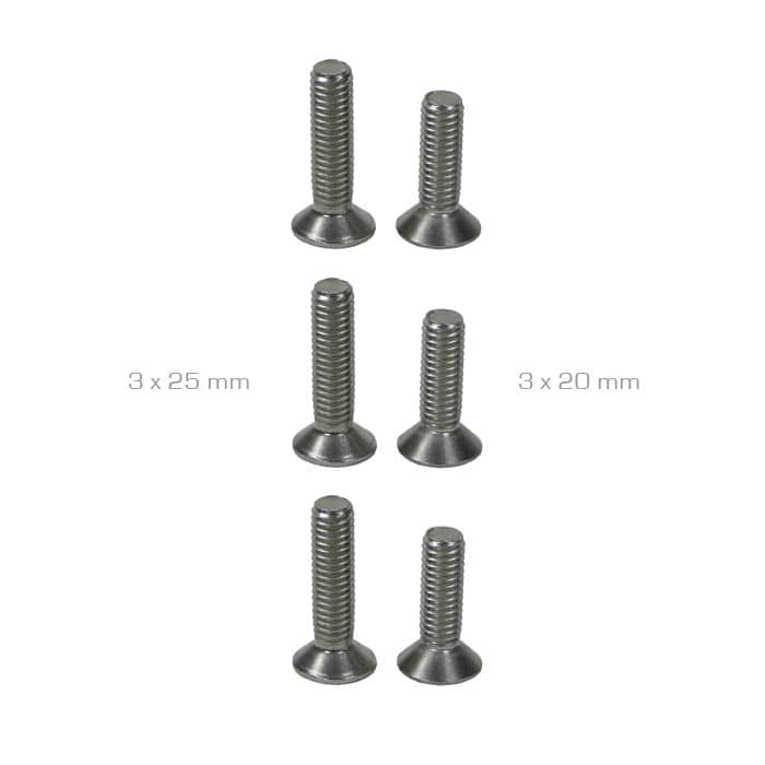 Éperons Quickstep d’Arbpro, six vis argentées de différentes longueurs, étiquetées 3 x 25 mm et 3 x 20 mm