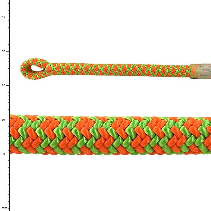Épissure Atrax, corde tressée entière vert orangé avec boucle à une extrémité et gros plan du tressage