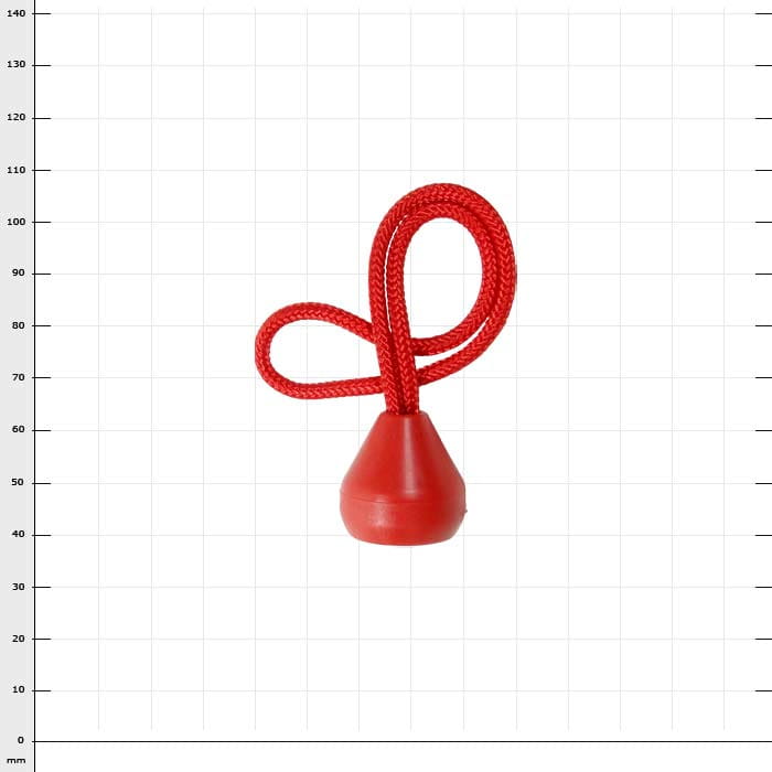 Cône L, cône rouge avec corde rouge, nom du produit visible