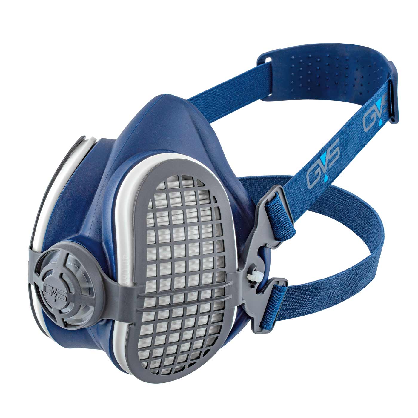 Demi-masque Elipse P3 RD en bleu foncé avec couvercle en maille grise et sangle bleue avec logo GV