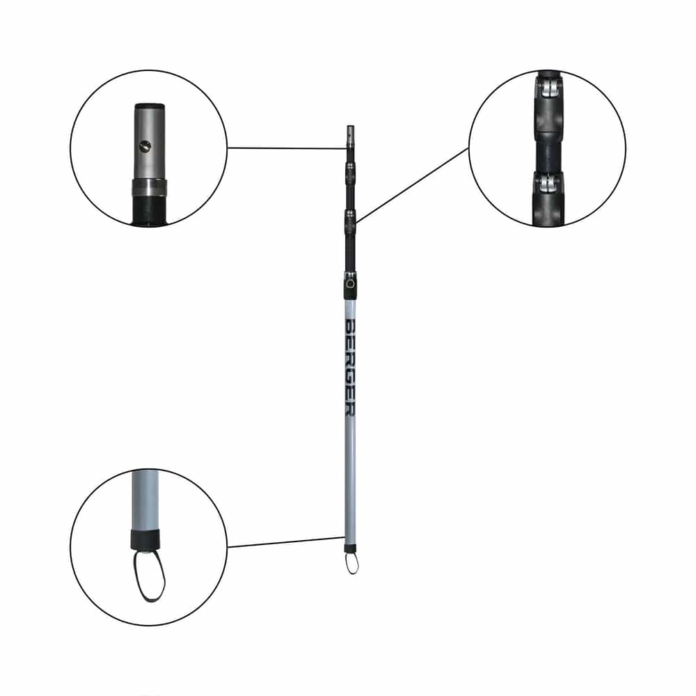 ArboRapid Ultra Light Climber 270 avec trois vues de détail agrandies de la pointe métallique, des boucles et de la boucle au bas du bâton d’escalade argenté, nom du fabricant Berger visible
