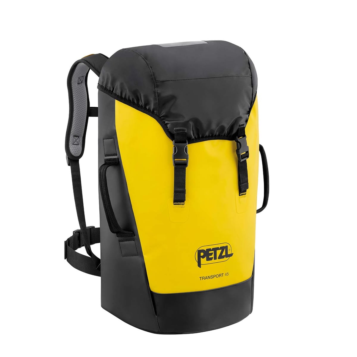 Sac à dos Petzl Transport 45 jaune et noir avec deux boucles à l’avant et sur les poignées latérales