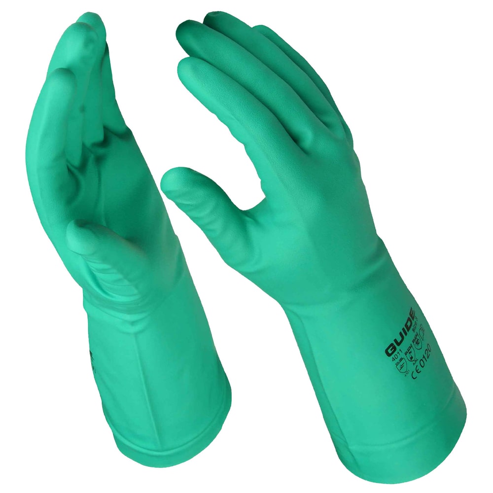Gants de protection chimique verts modèle 4011 Guide Produits chimiques, gauche et droite, avec étiquette du fabricant Guide sur le gant droit.