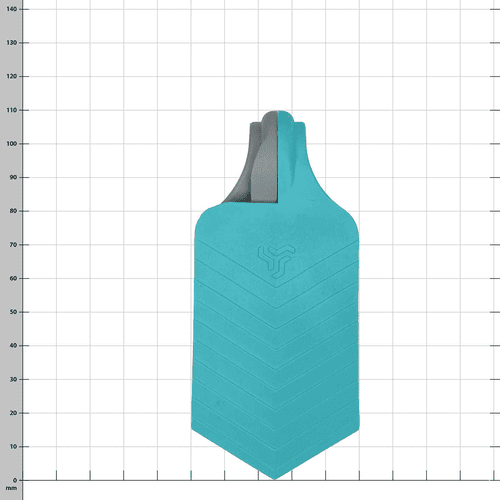 Double coin en turquoise et gris, produit en forme de coin par le haut avec dimension de grille en arrière-plan