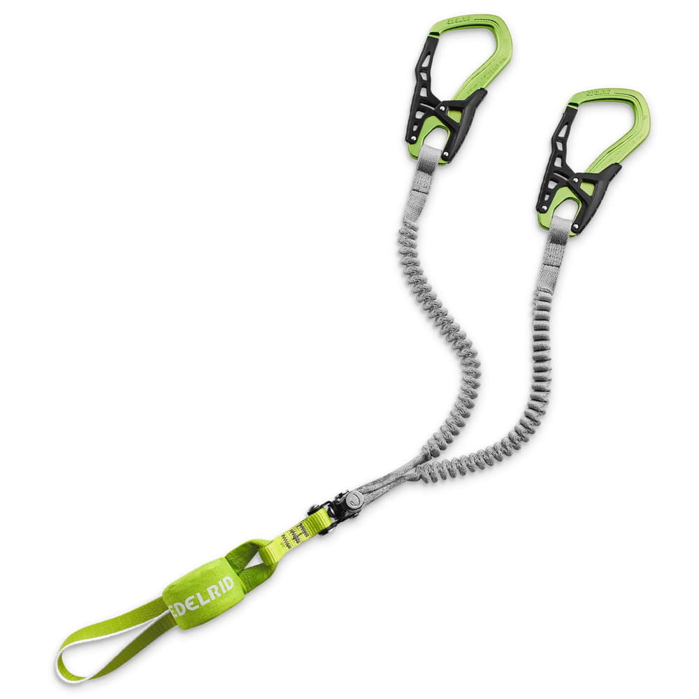 Kit d’escalade Cable Comfort 6.0 avec deux mousquetons verts et noirs, des cordes élastiques grises et une bande textile verte avec logo EDELRID